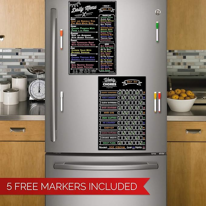 Magnetic Dry Erase Chore Chart and Menu Board Set for Kitchen Fridge - 11" x 17" Responsibility & Behavior Refrigerator Reward Incentive for Kids - 11" x 17" Weekly Meal Planner Blackboard