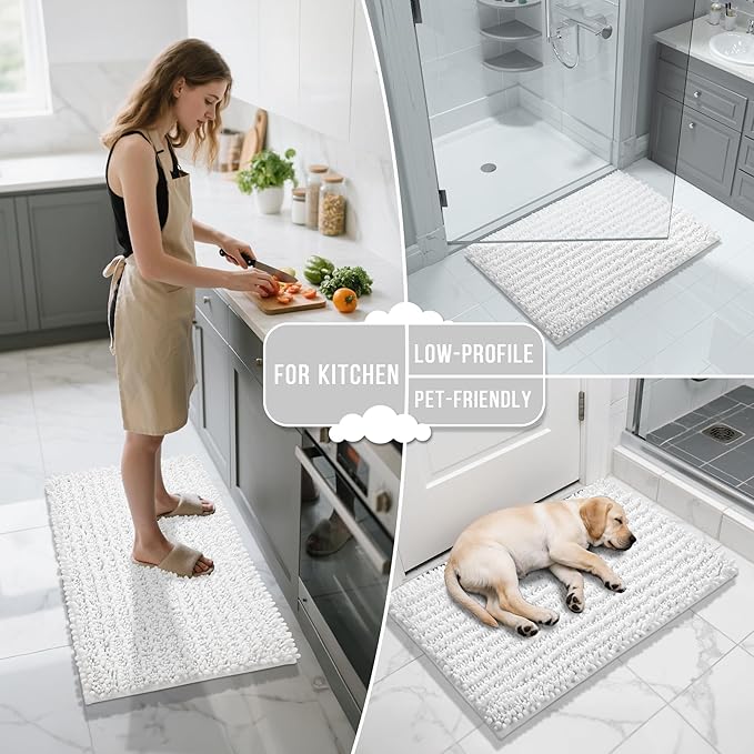 Yimobra Bathroom Rugs Non Slip Washable - Ultra Soft Absorbent Chenille Bath Mat, Quick Dry Shaggy Floor Carpet for Tub Shower, White Home Decor Accessories, 24x17 Inch