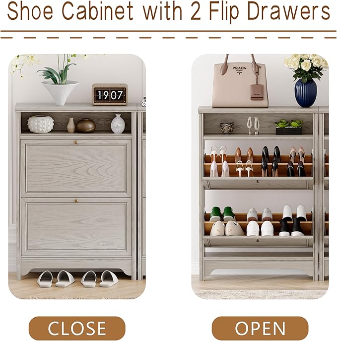 Chogori Solid Wood Shoe Storage Cabinet for Entryway - Narrow Freestanding Shoe Organizer with 2 Flip-Up Drawers, Hallway Shoe Rack with Sturdy Wooden Legs for Foyer, Living Room (1, Charcoal Gray)