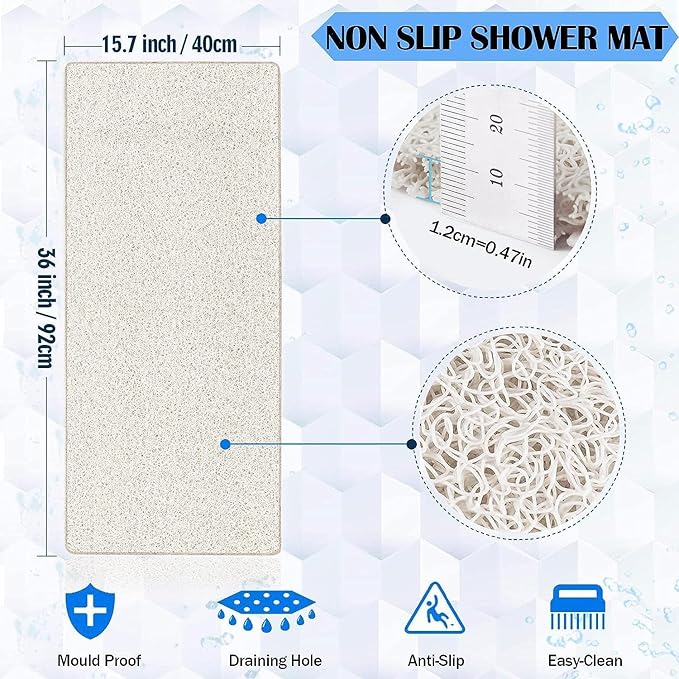 godehone Shower Mats Non Slip Without Suction Cups, PVC Loofah Bathroom Mats, Loofah Mats for Shower and Bathroom, Quick Drying, 15.7× 36 Inch, Beige