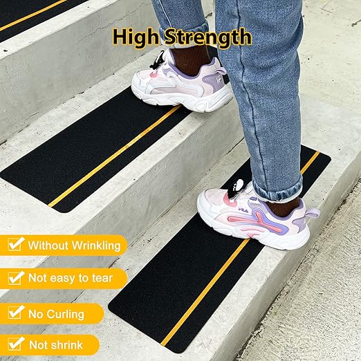 S&X Outdoor Stair Treads Non-Slip, 6" x 24" Anti-Slip Tape with Reflective Stripe, Black, 12-Pack