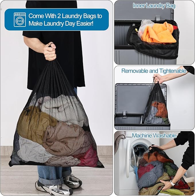 120 L Collapsible Plastic Double Laundry Hamper with Wheels and Removable Bags, Gray, 1 Pack