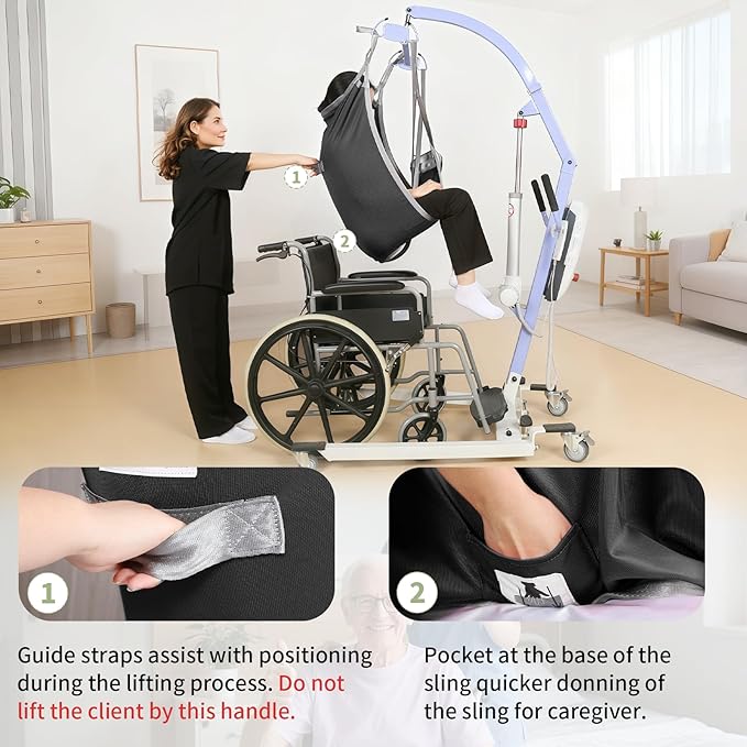Patient Lift Divided Leg Sling – Heavy Duty 500 lbs Capacity, Easy Hygiene Access with Handles & Pocket, Machine Washable – Small/Medium/Large for Elderly, Disabled & Bariatric Care (Black, L)