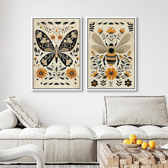 MUDECOR Framed Canvas Print Wall Art Set Butterfly Animals Botanical Bee llustrations Modern Art Decorative Bohemian Calm/Zen for Living Room, Bedroom, Office - 16"x24"x2 White