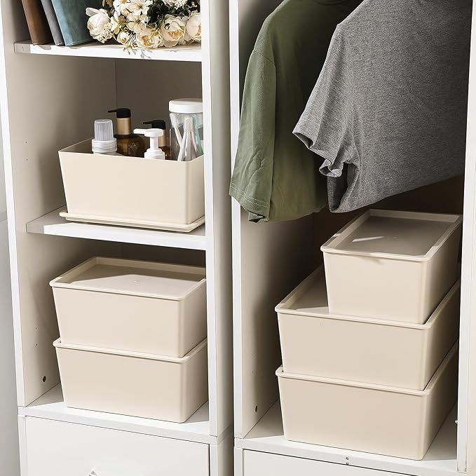 Menkxi 6 Pcs Large and Small Plastic Storage Bins with Lids 14.4 x 10.4 x 5.1 Inch Stackable Storage Containers Decorative Cubby Organizer for Clothes Shelves Garage Closet Office (White)