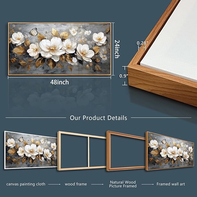 FUHAIHUA Large Wood Framed Wall Decor For Living Room Canvas Wall Art For Office Modern Wall Decorations For Bedroom White Flower Painting Farmhouse Pictures Artwork Room Home Decor 24x48 In