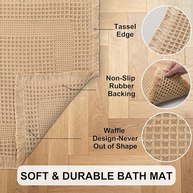 Hiasan Waffle Bath Mat, Super Absorbent Non Slip Bathroom Boho Rug with Tassels, Machine Washable Bath Mats for Bathroom, Ultra Soft Rubber Backed Rug, Loop-Brown, 20 x 32 Inches