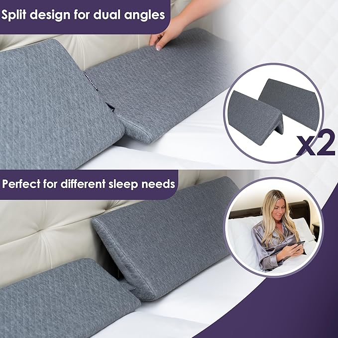 Bed Wedge Pillow Set for Headboard Gap Up to 7", Triangle Gap Filler for Bed, Mattress Wedge Gap Filler, Headboard Space Filler, Corner Pillow, Grey Half Queen 30" (2-pk)