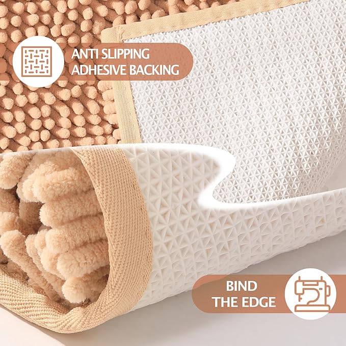 Bathroom Rugs 2 Piece Set – Absorbent, Non-Slip, Soft Chenille Bath Mat, Machine Washable, Comfortable Floor Mats (24"×17” & 20"×30”, Beige)