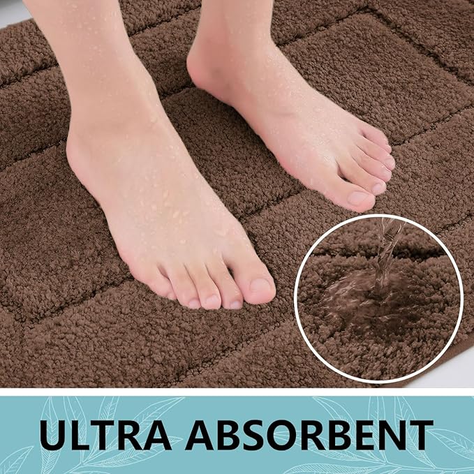 Buganda Bathroom Rugs, 24" x 16", Soft and Absorbent Microfiber Bath Rugs, Non-Slip Shaggy Shower Carpet, Machine Wash Dry Bath Mats for Bathroom Floor, Tub and Shower, Brown