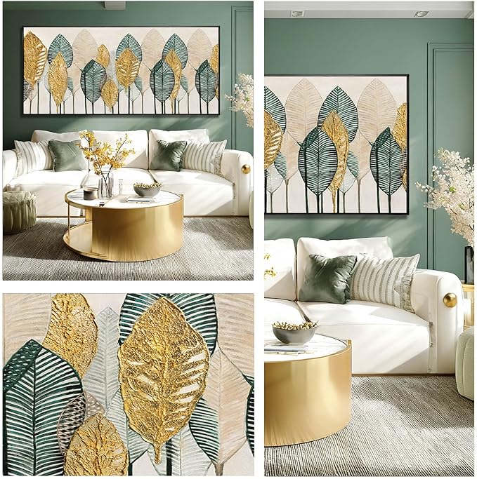 CHUDANHAO Green and Gold Wall Art Leaves Wall Decor Modern Canvas Painting 32"x70" Pictures for Dining Room Area Large Artwork for Living Room
