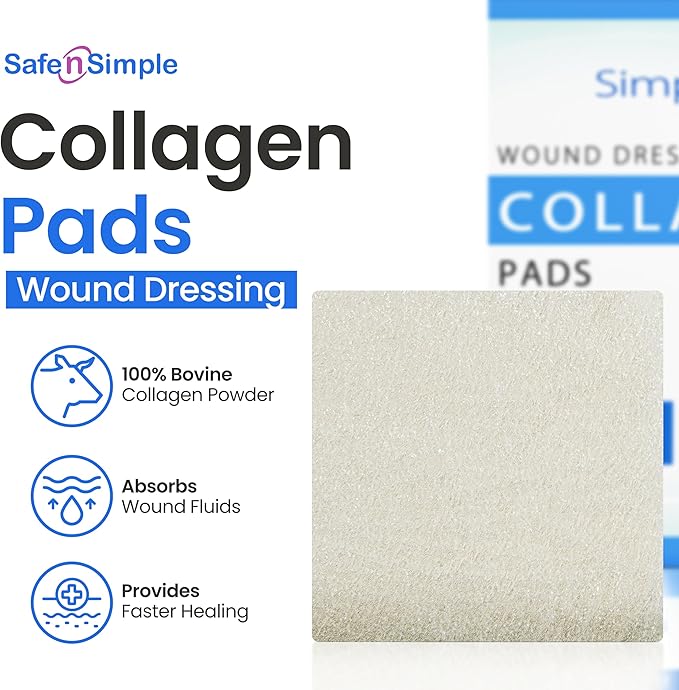 Collagen Dressing Pads - 7 x 7 in 5-Pack Collagen Pads for Wounds - Non-Adherent Collagen Dressing for Wound Care - Safe n' Simple Wound Care Supplies