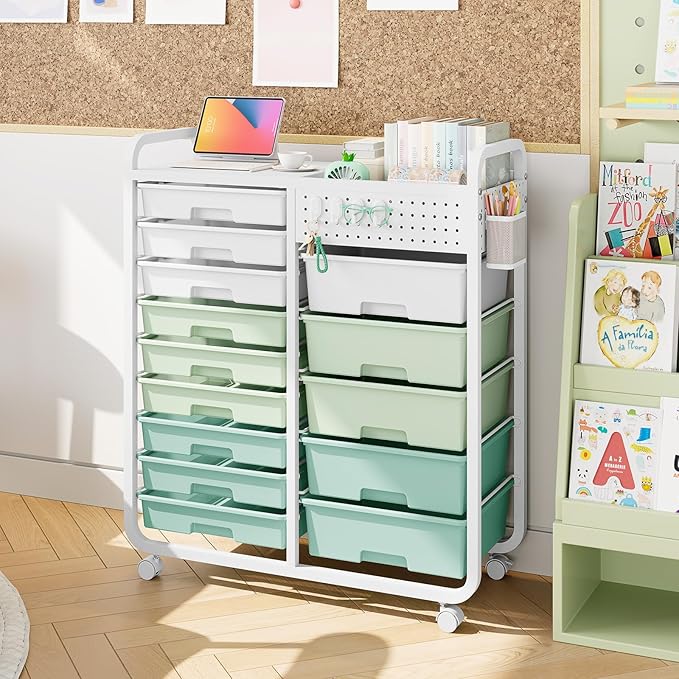 Rolling Storage Cart with 14 Drawers, Storage Organizer Cart with Tabletop and Pegboard,Utility Cart for Living Room, Classroom, Bedroom,Bathroom,Dorm,Office (Green)