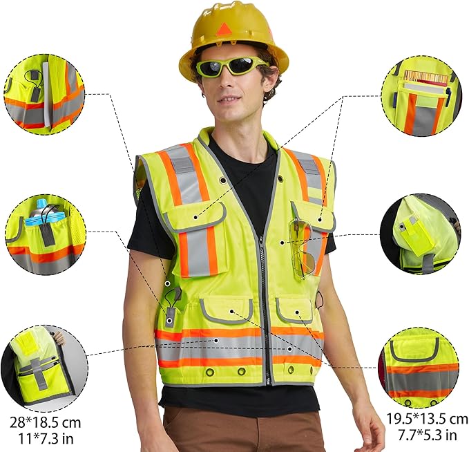 AYKRM Heavy Woven cotton High Vis Reflective work construction safety vest for men Class 2 with ipad Cargo Pockets