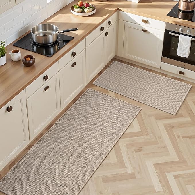 AMOAMI Kitchen Rugs and Mats, Non Slip Washable Kitchen Mats for Floor, Absorbent Quick Dry Kitchen Runner for in Front of Sink，Kitchen Rugs Sets of 2, 17"*30"+17"*47", Beige