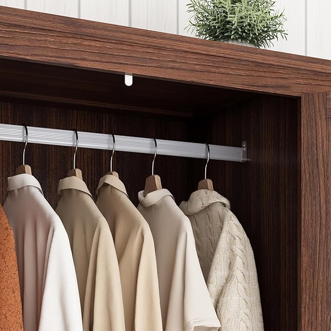 4 Doors Wardrobe Armoire Closet with Doors and Drawers, Farmhouse Wooden Armoire Storage Cabinet with Shelves & Hanging Rod for Bedroom, Brown