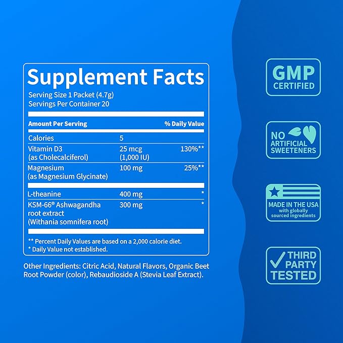 Nello Supercalm Powdered Drink Mix, Cortisol Reducer* and Sleep Aid Supplement, L Theanine, Ksm-66 Ashwagandha, Magnesium Glycinate, Vitamin D 3, No Sugar, Non GMO, On The Go, 20 Ct, Melon Berry