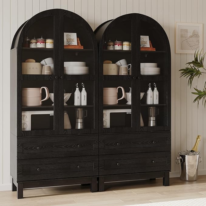 71" Tall Arched Kitchen Pantry, Kitchens Pantry Storage Cabinet with 2 Large Drawers and Adjustable Shelves, Modern Farmhouse Versatile Cupboard for Kitchen, Dining Room, Bathroom, Black