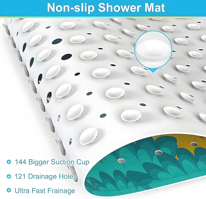 Bathtub Mat Non Slip Shower Mat for Kids, Extra Long 40"x16", Machine Washable Bathmat with Drain Holes, Suction Cups for Bathroom Floor, Cartoon Shark Bath Tub Mat for Students,Toddler,Pets
