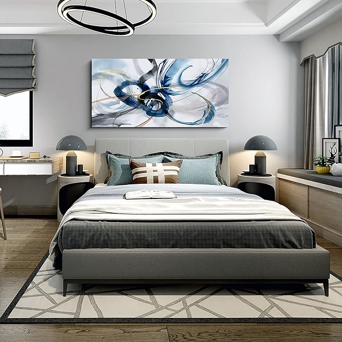 yiijeah Large Abstract Canvas Art Elegant Combination of Tones Modern Living Room Wall Decor Black and White Gray Background Blue Gradient Picture