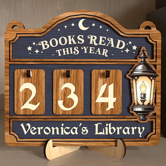Personalized Book Tracker Sign, Custom Books Read This Year Counter, Book Lover Gift for Teachers, Women, Librarians, Readers, Wooden Hanging Library Decor, Bookshelf Accessories for Wall & Table