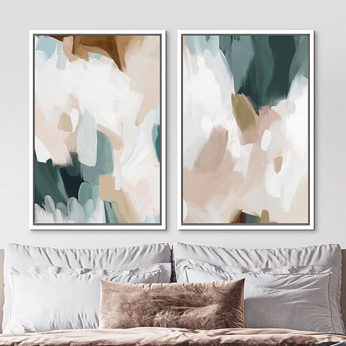 MUDECOR Framed Canvas Print Wall Art Watercolor Pastel White Blue Pattern Abstract Illustrations Modern Art Decorative Bohemian Colorful Chic for Living Room, Bedroom, Office - 16"x24"x2 White