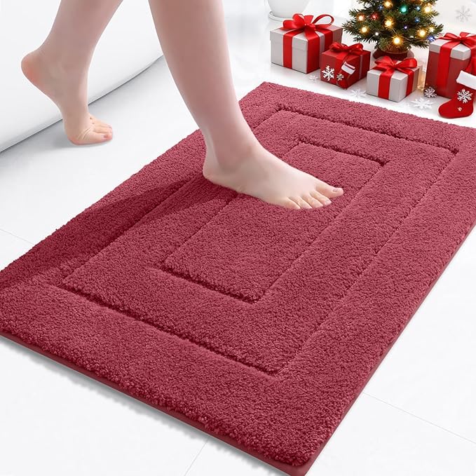 Buganda Bathroom Rugs, 24" x 16", Soft and Absorbent Microfiber Bath Rugs, Non-Slip Shaggy Shower Carpet, Machine Wash Dry Bath Mats for Bathroom Floor, Tub and Shower, Burgundy