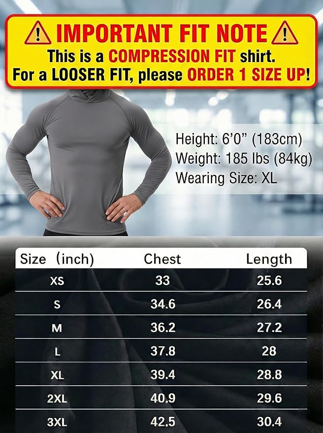 3-Pack Men's Compression Hoodie with Mask - Long Sleeve Winter Base Layer & Running Shirt - Sun Protection Fishing Gear