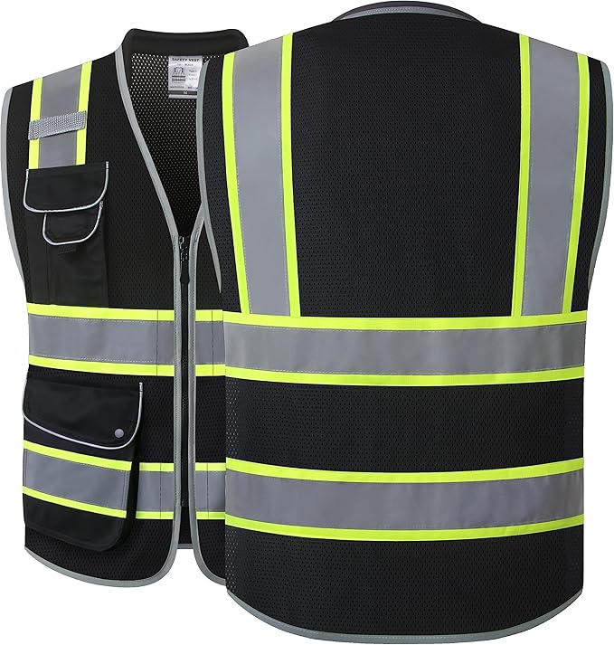 JKSafety 9 Pockets Hi-Vis Black Safety Vest for Men Women High Visibility Reflective Construction Mesh Fabric Cushioned Collar Work Utility PPE Work Gear ANSI/ISEA compliant (101-Black L)