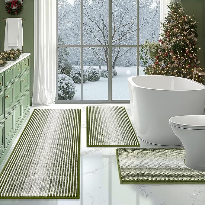 BSICPRO Bathroom Rugs Sets 3 Piece, Toilet Rugs U-Shaped Contour Bath Mat Set, Large Striped Non Slip Absorbent Chenille Shower Mat, Sage