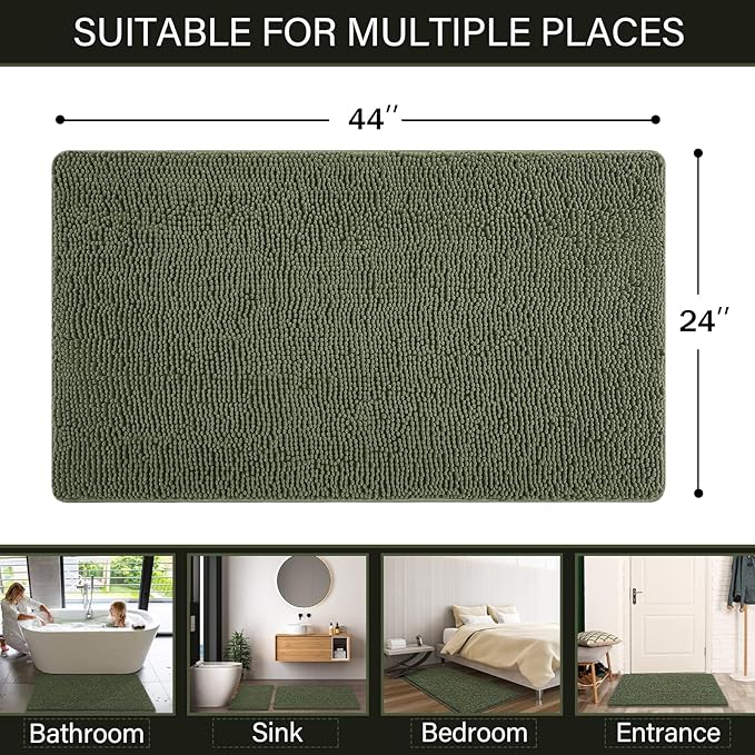 LOCHAS Luxury Bathroom Rug Shaggy Bath Mat 24 x 44 Inch, Washable Non Slip Bath Rugs for Bathroom Shower, Soft Plush Chenille Absorbent Carpets Mats, Olive Green