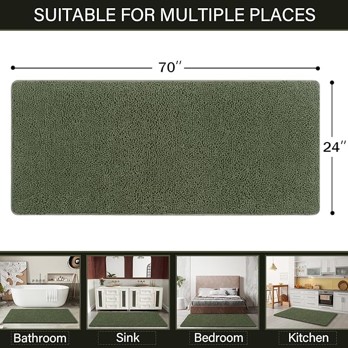 LOCHAS Luxury Bathroom Rug Shaggy Bath Mat 24 x 70 Inch, Washable Non Slip Bath Rugs for Bathroom Shower, Soft Plush Chenille Absorbent Carpets Mats, Olive Green