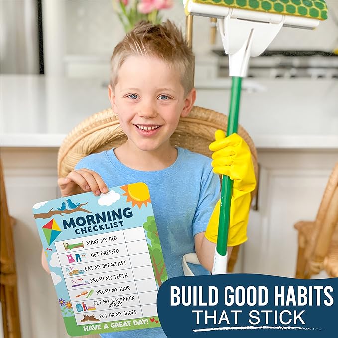 Magnetic Morning & Bedtime Routine Chart for Kids - Customizable Toddler Daily Schedule Board with Dry Erase Surface, Stickers & Marker, Build Habits with Visual Checklists, Colorful Doodle Theme