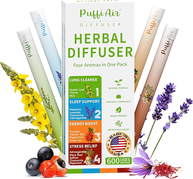 PUFFIAIR Balanced Routine Quad Herbal Diffuser Pen Set | Energy Relax Calm Blends | Green Brown Orange Blue | 4 Count