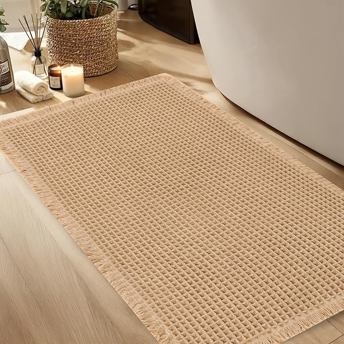 Hiasan Waffle Bath Mat, Super Absorbent Non Slip Bathroom Boho Rug with Tassels, Machine Washable Bath Mats for Bathroom, Ultra Soft Rubber Backed Rug, Brown, 16 x 24 Inches