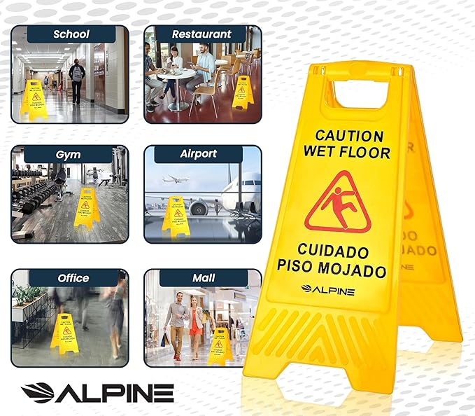 Alpine Caution Wet Floor Signs 5 Pack - 24 Inch, High Visibility Yellow Slippery When Wet Sign - Bilingual Safety Warning Sign to Easily Avoid Slippery Accidents in High Traffic Areas