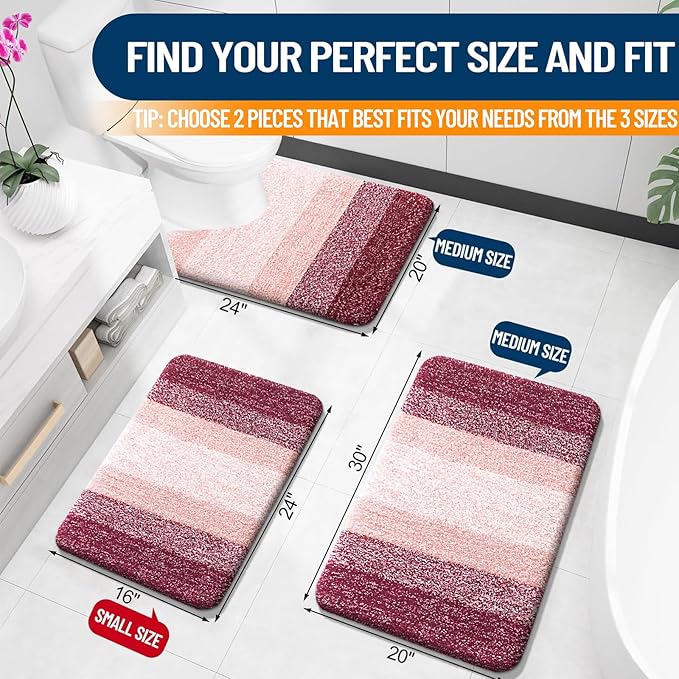 OLANLY Bathroom Rug Set 2 Piece, Soft Absorbent Microfiber Bath Rug Set, Non-Slip, Machine Wash Dry, Plush Shaggy Bath Mats for Bathroom (30"x20"+24"x16", Red)