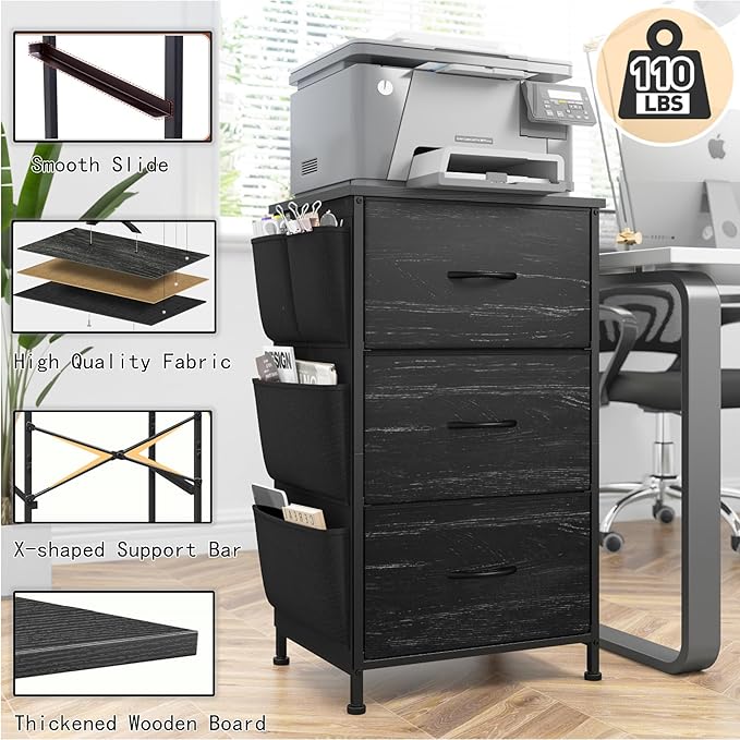 Night Stand Set 2, Night Stand with Drawers for Bedroom, Bedside Table with Wooden Top, Sturdy Steel Frame End Table, Dorm Nightstand for Bedroom, Entryway, Hallway, Closet, Cloth Bags, Hooks, Black