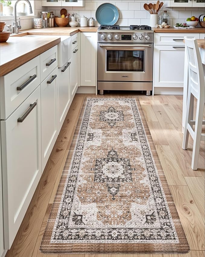 DEXI Kitchen Floor Mats Cushioned Anti Fatigue, 23x86 Long Wide Standing Comfort Runner Rug, Waterproof Retro Floral Memory Foam Padded for Front Sink Laundry, Brown/White