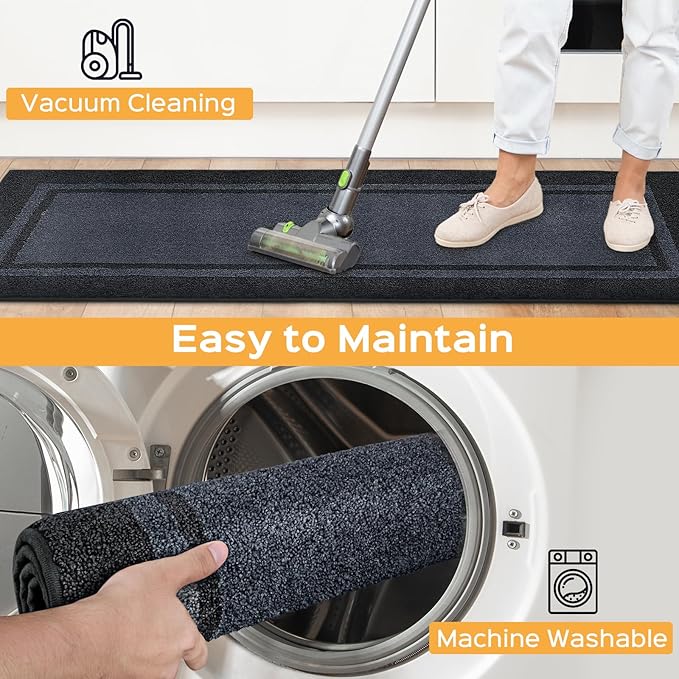 Kitchen Rugs 24" x 70", Non-Slip Machine Washable Kitchen Runner Rugs Floor Mats, Absorbent Comfort Standing Mats for Kitchen, Sink, Laundry and Hallway, Rolled Packaging, Bluish Grey & Charcoal