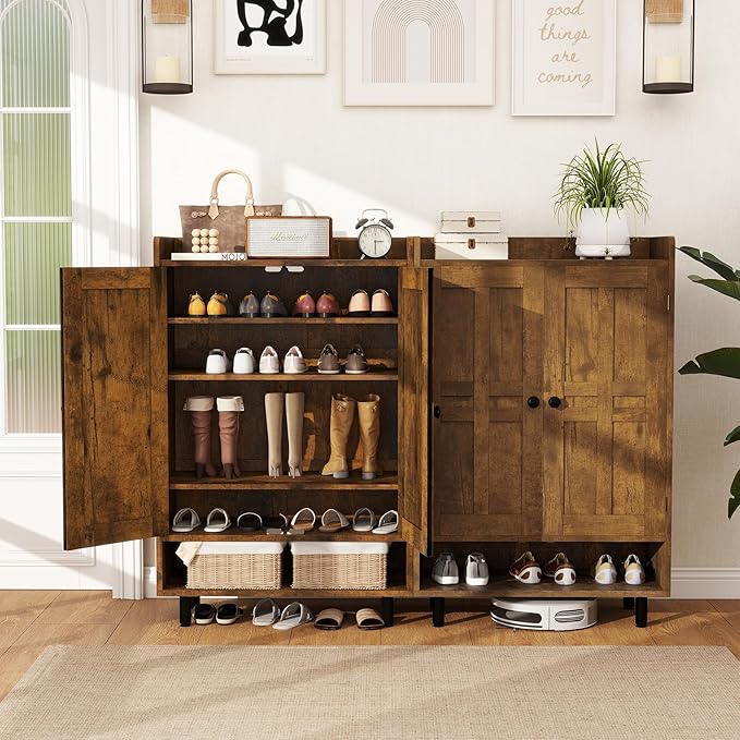 Entrance Shoe Cabinet with Doors,6-Tier Farmhouse Shoe Storage Organizer with Adjustable Shelves Holds 18-24 Pairs and Metal Legs, Entry Organizer Entryway, Living Room (Rustic Brwon)