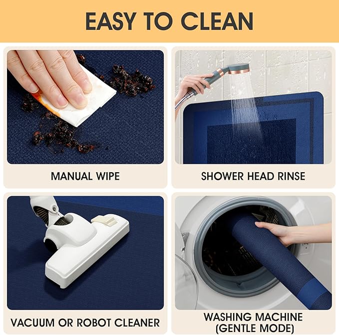 Ultra Thin Bath Mat, Upgrade Non Slip Thin Bath Mats Fit Under Door, Quick Dry Ultra Absorbent Bathroom Rugs, Machine Washable Bath Rugs for Bathroom, Dark Blue/Bordered/24"x17"+ 24"x20" Contour Rug