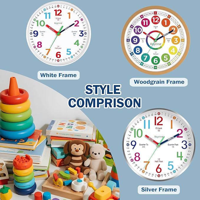 Roymnie12 Inch Wall Clock for Kids Learning to Tell Time Easily Analog Non Ticking Battery Operated Teaching Clock Silent Teaching Time Clock Decorative for Kids Room Classroom School (White Grain)