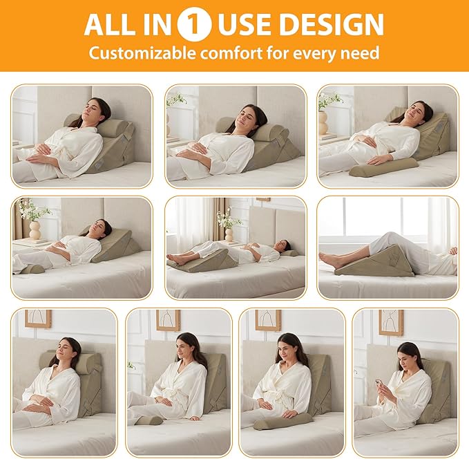 3PCS Wedge Pillow Set for After Surgery, Adjustable 9&12 Inch Bed Wedge Pillow for Sleeping, Incline Pillow Wedge for Headboard, Post Surgery, Acid Reflux, Neck&Back Support, Plush Brown