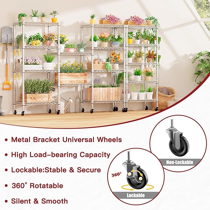 PrimeZone 4 Pack Steel Storage Wire Shelving 5 Tier Metal Shelves with Wheels,Adjustable Kitchen Utility Shelving Unit,Pantry Rack Rolling Metal Shelf Laundry,Chrome 24" Wx18 Dx75 H