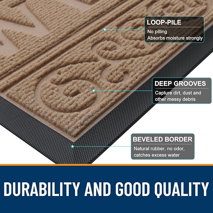 OLANLY Welcome Door Mat Indoor Outdoor Entrance, Heavy Duty Sturdy Front Door Mat, Waterproof All-Weather Doormat, Stain Resistant, Low Profile, Easy Clean Patio Entryway Mat, 47 x 32, Light Brown