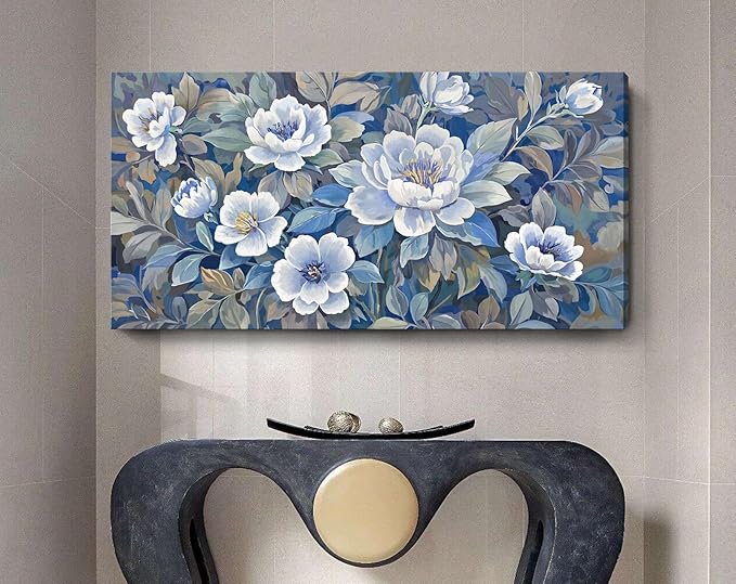 amatop Large Wall Art Abstract Floral Canvas Wall Decor Blue White And Gray Picture Natural Botanical Artwork For Living Room Bedroom Office Dining Room Hallway 48X24