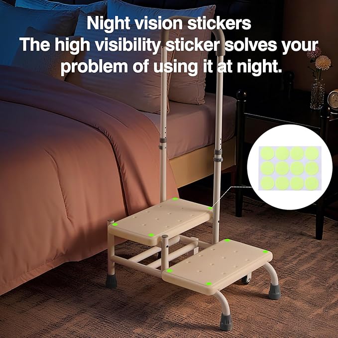 NOVII Step Stool with Wheels and Storage Bag for Elderly, 2 Step Stool with Handle,Adjustable Bed Steps for High Beds for Adults,Portable Footstool for Bedroom, Kitchen, Bathroom (White)