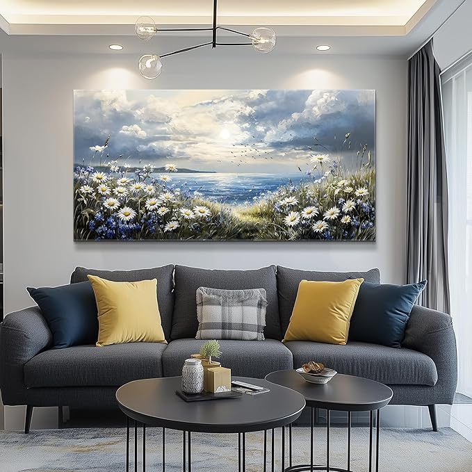 KELIYUAN Large Wall Decor Canvas Painting Wall Art For Living Room Decor Blue Mediterranean Garden Landscape Painting Bedroom Print Artwork Picture For Dining Room Bathroom Home Decoration 24x48 In