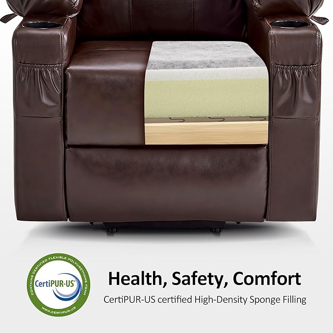 MCombo Power Lift Recliner Chair for Elderly, Lift Chair with Heat and Massage, FSC Certified, USB Ports, Cup Holders, Faux Leather 7141 (Dark Brown, Small)